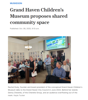 Screenshot of MLive website, reading "Grand Haven Children's Museum proposes shared community space" with image of Rachel Dody speaking to City Council at podium